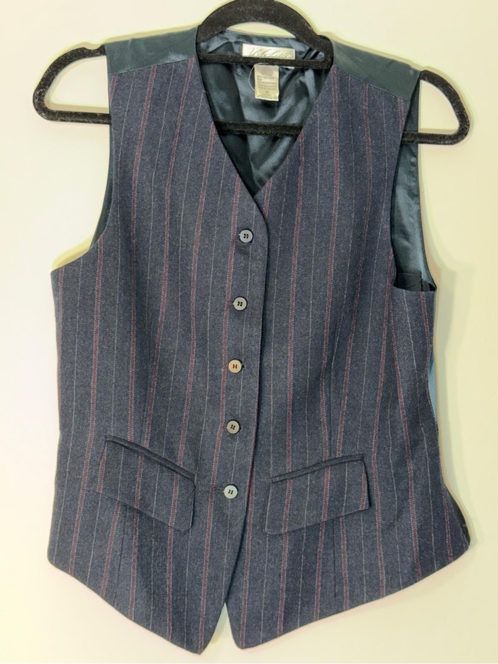 Lord & Taylor 100% Wool Women’s Navy Pinstripe Tailored Vest Red Stripes Sz 8